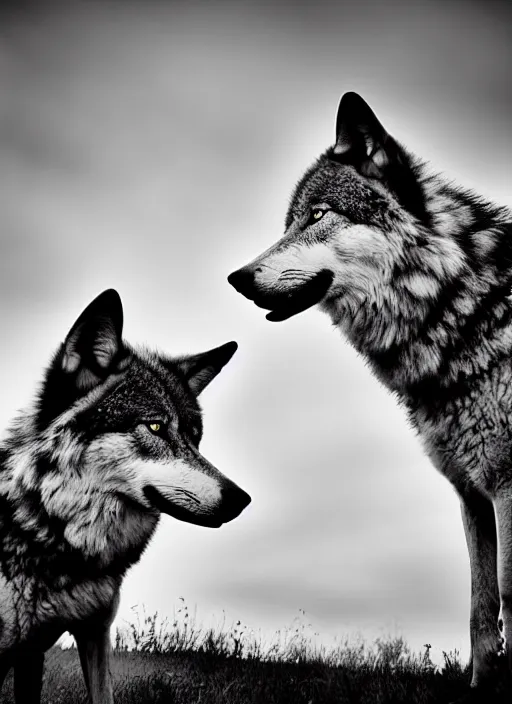 Image similar to two wolves black and white portrait white sky in background