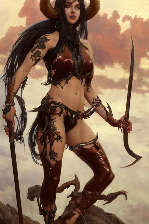 Image similar to a female muscular devil with horns, wearing leather bikini, holding trident, art by artgerm and greg rutkowski and edgar maxence and alphonse mucha 8 k, high detail, fantasy art, dnd, artstation,