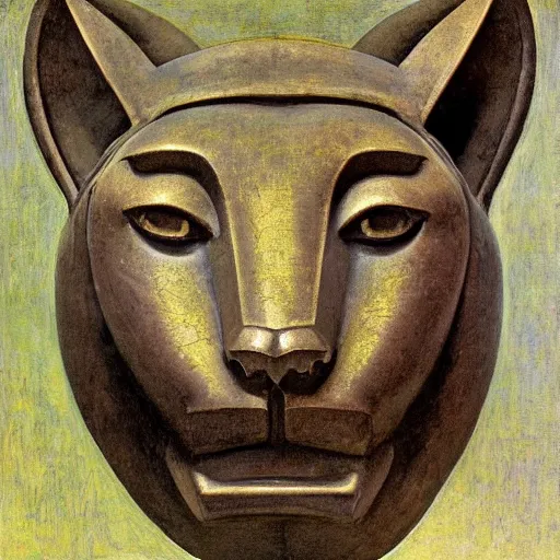 Image similar to masterpiece ancient bronze sculpture of a mechanical cat head, by annie swynnerton and diego rivera and nicholas roerich and jean delville and charlie bowater, symbolist, dramatic lighting, god rays, elaborate geometric ornament, art brut, rich colors, smooth sharp focus, extremely detailed, adolf wolfli and ( donato giancola and bilibin )