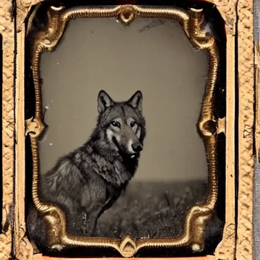 Prompt: tintype photo of a wolf eating a snake