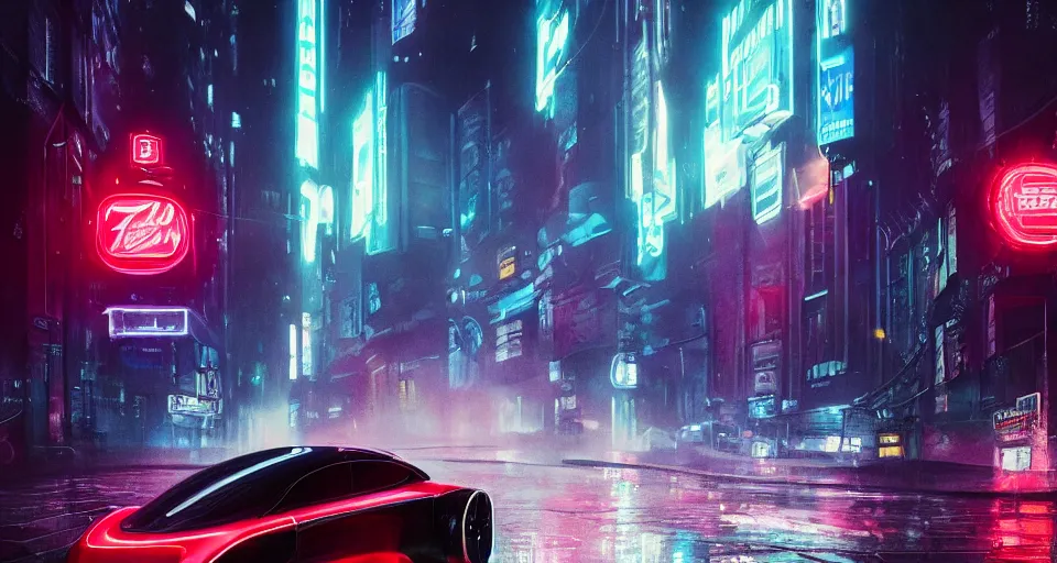 Image similar to product shot of a tron tesla light cycle car on wet city street at night, intricate, hyper detailed, smooth, high contrast, neon, volumetric lighting, octane, moebius, greg rutkowski, blade runner, ripley scott, cindmatic