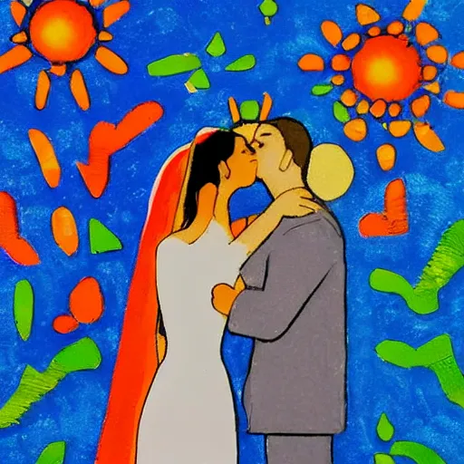 Image similar to the metaphysical holy marriage glue, couple kissing with bright blue glue