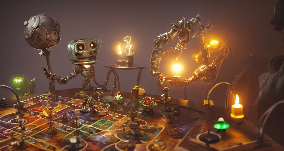 Prompt: a beautiful tapestry, a small robot playing a futuristic boardgames ultra detailed, atmospheric lighting, steampunk, moody, candles, characters from machinarium, by don bluth, trending on artstation, octane render, 8 k, ultra realistic