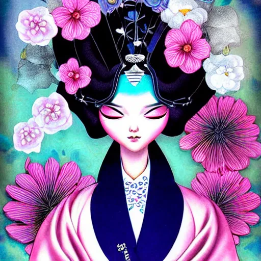 Image similar to digital painting of an pastle goth geisha by terese nielsen, mark ryden, amy sol in the style of, vintage shoujo, fantastic planet, 6 0 s poster art, minimalist poster art, flowers, stipple art, artgerm