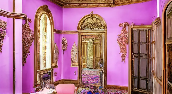 Prompt: 35mm photo of a Spanish Study, glimmering interior design, lilac colors, infrared-interior-lighting, divine-view, glimmering-design, artificial, style of Victorian, 4k, professional photography, wide-perspective, grand-composition, concept-art, highly-detailed, sublime, dramatic, cinematic