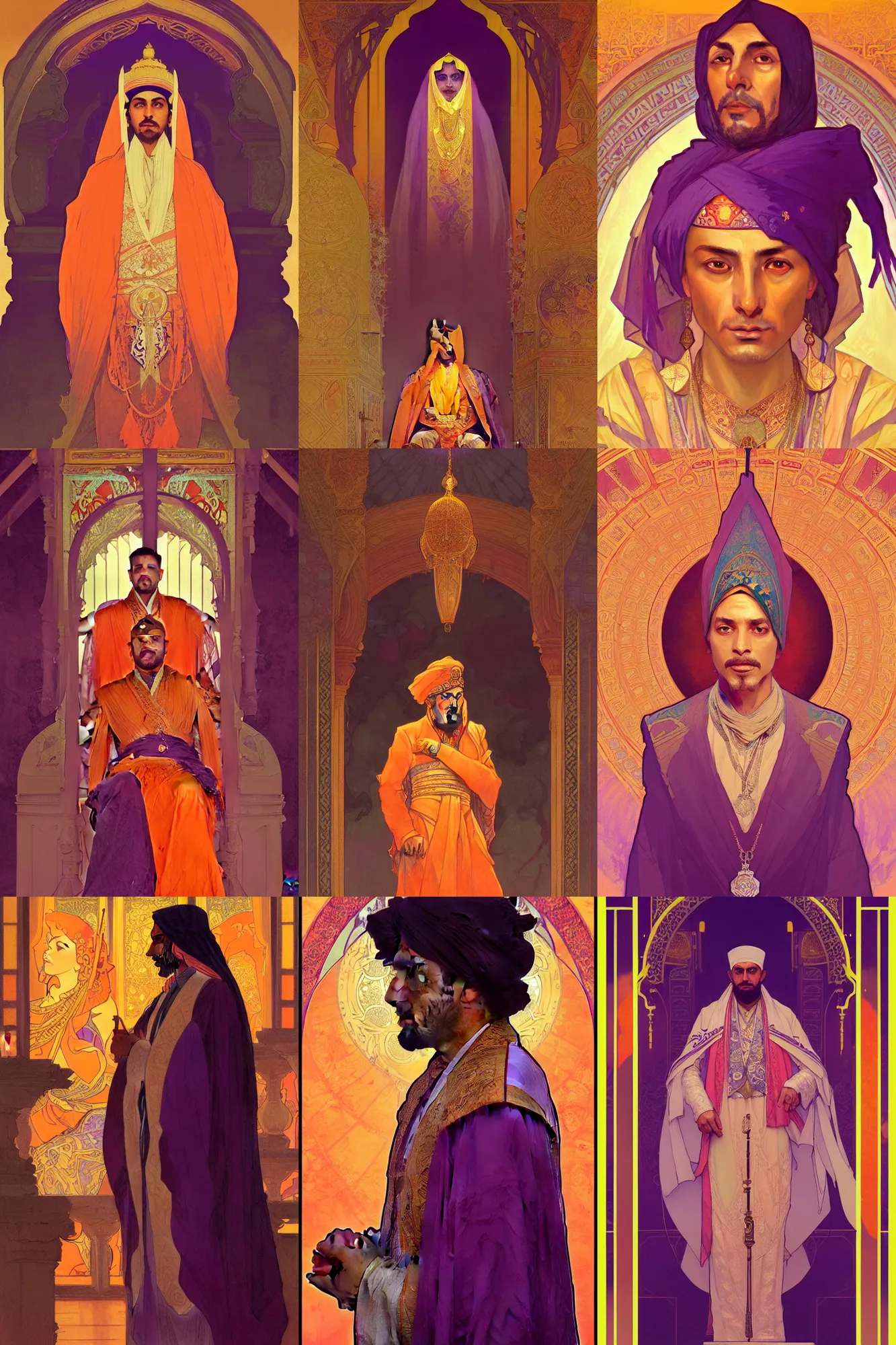 Prompt: portrait of a sultan in a temple by Greg Rutkowski and alphonse mucha, d&d character, gradient orange to purple, triangles on the background, highly detailed portrait, digital painting, artstation, concept art, smooth, sharp foccus ilustration, Artstation HQ, art station, art station