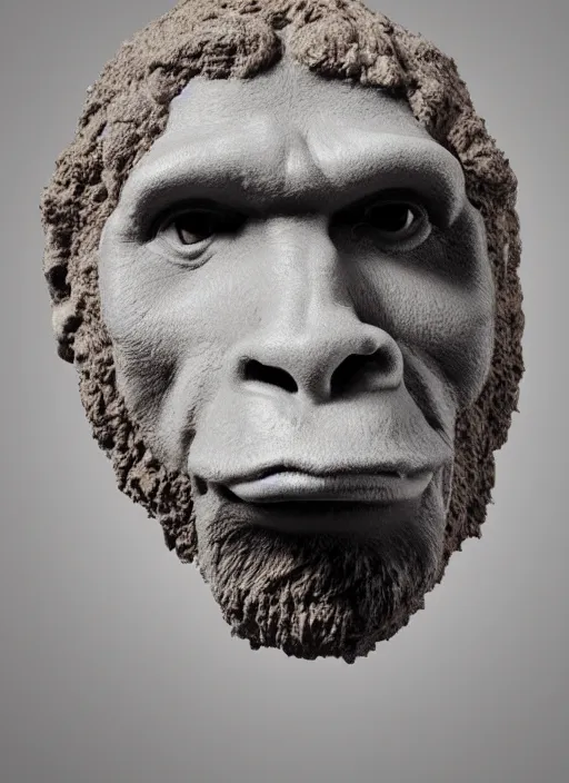 Image similar to a bust sculpture of a neandertal with feline features, ceramic base, front view, studio lighting, expresive