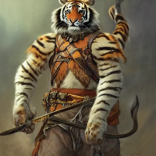 Prompt: Swordsman with the head of a tiger as a fantasy D&D character, portrait art by Donato Giancola and James Gurney, digital art, trending on artstation