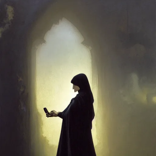 Image similar to artistic scene of a Death taking a selfie a black cloak, a rainbow in the dark, colorful, by Michael Whelan, William Adolphe Bouguereau, and Donato Giancola, highly rendered, beautiful, cyberpunk, moody lighting, glowing light and shadow, atmospheric, shadowy, cinematic, 8K