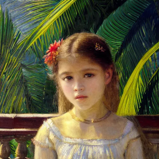 Image similar to a ultradetailed beautiful painting of a girl in the amazonas palace balustrade designed by jules bastien - lepage, hans belmer, frank weston and gustave baumann, beach, trending on artstation, mediterranean, palm trees, refracted color sparkles, sharp focus, soft light, 8 k 4 k