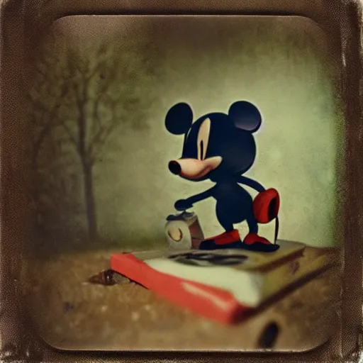 Prompt: Mikey mouse in the woods creepy scary Captured on a Polaroid 4k detail