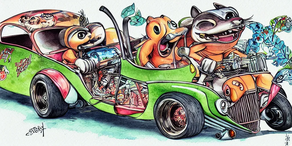 Image similar to racoon riding in a tiny hot rod coupe with oversized engine, ratfink style by ed roth, centered award winning watercolor pen illustration, by chihiro iwasaki, edited by range murata