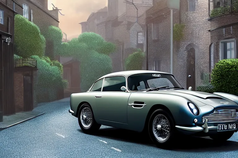 Image similar to a wholesome animation key shot of one focused short shrunk aston martin db 5, on a rich residential london street, waist height, medium range, studio ghibli, ( pixar ) and disney animation, sharp, very detailed, unreal engine 5 render, bloom, high resolution, anime key art by greg rutkowski