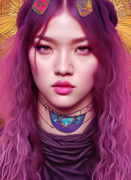 Image similar to jossi of blackpink, queen, tarot card, highly detailed, digital painting, smooth, sharp focus, illustration, ultra realistic, unreal engine, 8 k, art by artgerm and alphonse mucha