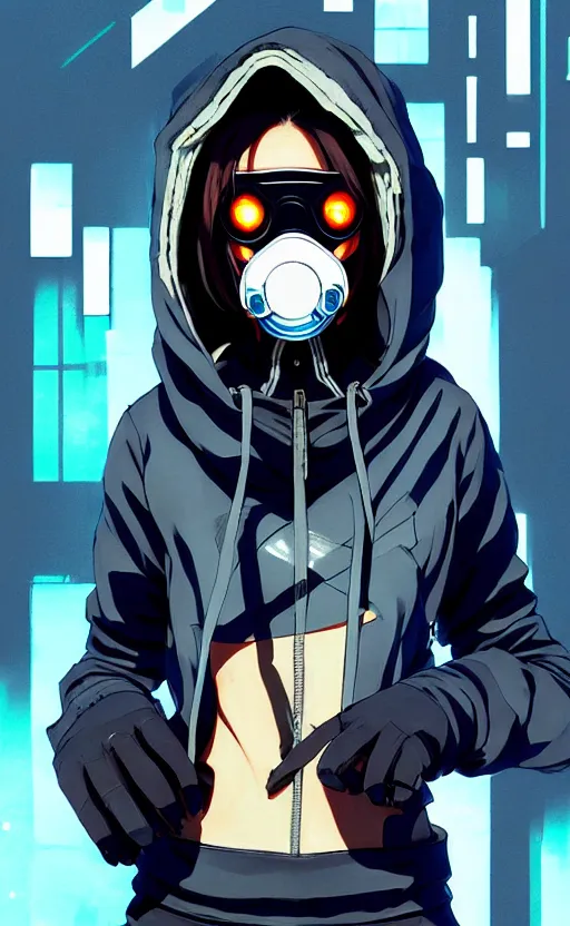 Image similar to cyberpunk anime girl in hoodie, cyberpunk gas mask, 3 / 4 shot, street night, grafity, beautiful face, grafity, arcane, action, tokyo street, detail, good face, pose model, concept art, in style of yoji shinkawa, pan ren wei, col price, atey ghailan, by greg rutkowski, aesthetic