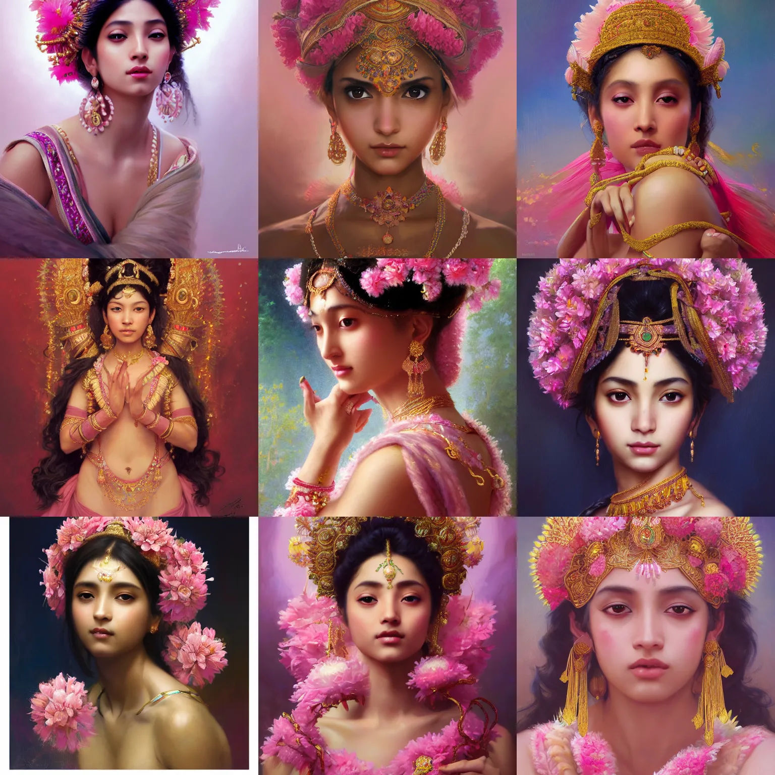 Prompt: expressive oil painting, of indian princess, smooth glowing skin, ornate headpiece made from pink flowers, glamour shot, by yoshitaka amano, by bouguereau, bygreg rutkowski, by jeremyg lipkinng, by artgerm, digital art, octane render