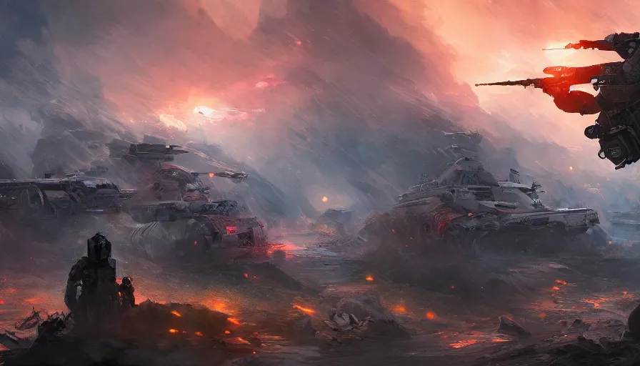 Prompt: concept art of battlefield by jama jurabaev, 🚀🚀🚀, extremely detailed, cinematic shot, trending on artstation, high quality, brush stroke, vibrant colors,