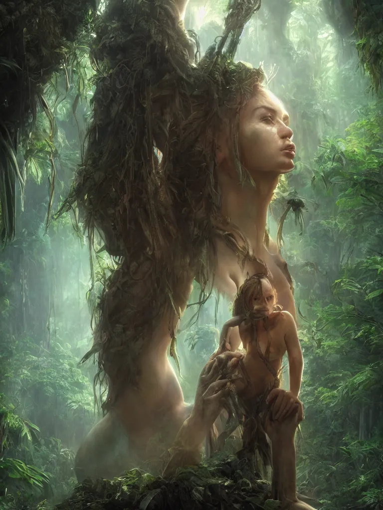 Image similar to Cinematic portrait of a beautiful young woman savior in the jungle, cinematic, trending on artstation, octane render by Jim Burns and John Harris and Pablo Munoz Gomez and Tomasz Alen Kopera