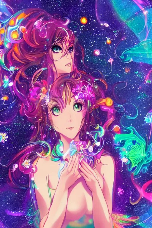 Image similar to psychedelic, whimsical, anime, 4k, beautiful intimate woman blowing smoke, with professional makeup, long trippy hair, a crystal and flower dress, sitting in a reflective pool, surrounded by gems, underneath the stars, rainbow fireflies, trending on patreon, deviantart, twitter, artstation, volumetric lighting, heavy contrast, art style of Ross Tran and Miho Hirano anc Ilya Kuvshinov