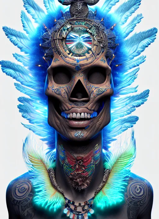 Image similar to 3 d shaman with tattoos profile portrait, sigma 5 0 0 mm f / 5. beautiful intricate highly detailed quetzalcoatl skull and feathers. bioluminescent, plasma, lava, ice, water, wind, creature, thunderstorm! artwork by tooth wu and wlop and beeple and greg rutkowski, 8 k trending on artstation,