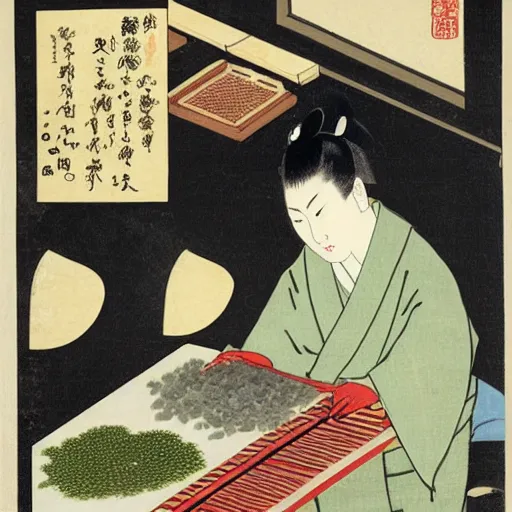 Prompt: angry handsome japanese butcher slices up parsley with a tabby cat sitting next to him, vintage, painting by utamaro