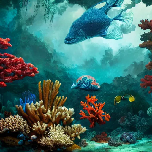 Image similar to a painting of a underwater scene with corals and plants, a detailed matte painting by Kim Keever, cg society contest winner, fantasy art, rendered in unreal engine, unreal engine, cryengine