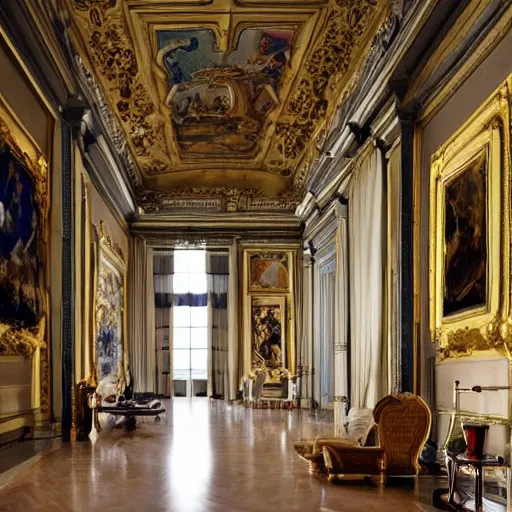 Prompt: giant Italian royal castle living room that is 300 feet tall, with very tall giant walls filled with modern art paintings, doors that are cosmic portals, photo by Annie Leibovitz