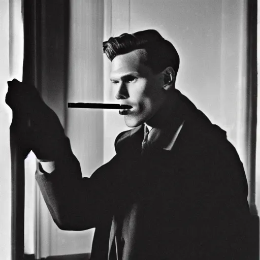 Image similar to jerma 9 8 5 as a private investigator, noir style, 1 9 4 0's, film photograph, high detail, smoking a cigarette, grainy