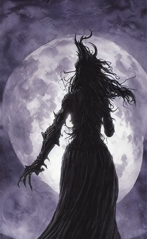 Image similar to book cover art, female dark witch from behind in front of the full big moon, watercolor, dramatic lighting, cinematic, establishing shot, extremely high detail, foto realistic, cinematic lighting, pen and ink, intricate line drawings, by Yoshitaka Amano, Ruan Jia, Kentaro Miura, Artgerm, post processed, concept art, artstation, matte painting, style by eddie mendoza, raphael lacoste, alex ross