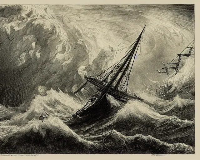 Image similar to “An engraving of a kraken attacking a sailing ship in a stormy sea by Gustave Dore”