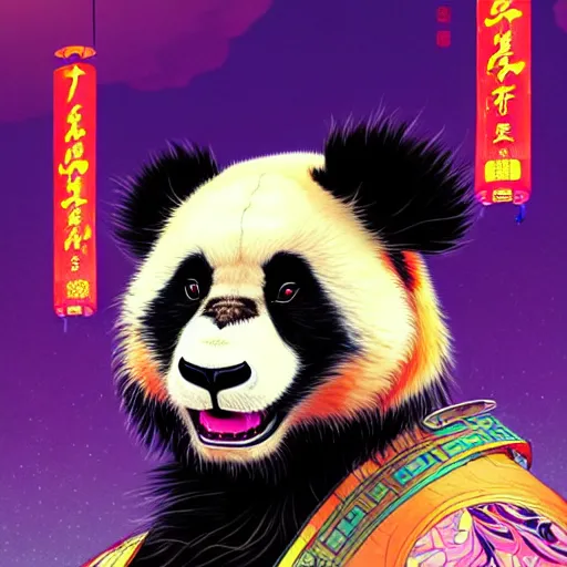 Image similar to a beautiful hyperdetailed character design 4 k wallpaper illustration of a cute panda with a chinese lion dance head victo ngai cyberpunk style, from china, style of studio ghibli, makoto shinkai, raphael lacoste, louis comfort tiffany, artgerm, james jean, ross tran, chinese style