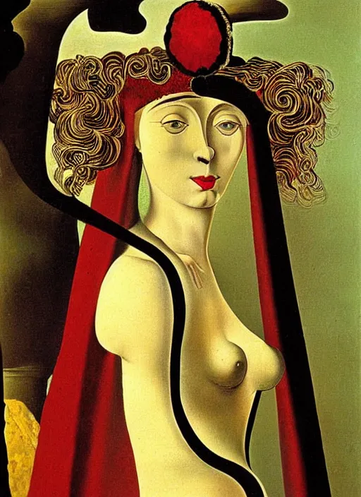 Image similar to portrait of young woman in renaissance dress and renaissance headdress, art by salvador dali