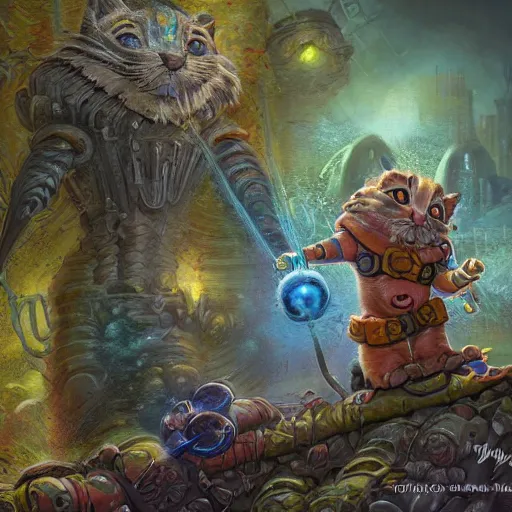 Image similar to rescue from the underworld, shadows of the past, The Mekanik Doll, chubby moss kitten, by jeff easley and Dylan Kowalski, highly detailed, digital painting, HDRI, by vivid colors, high contrast, 8k resolution, intricate, beautiful and thematically complex, smooth