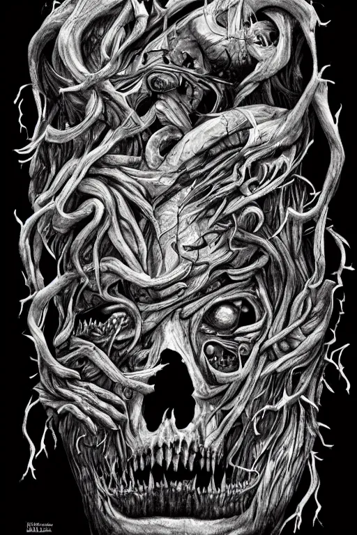 Image similar to black and white illustration, creative design, body horror, death monster