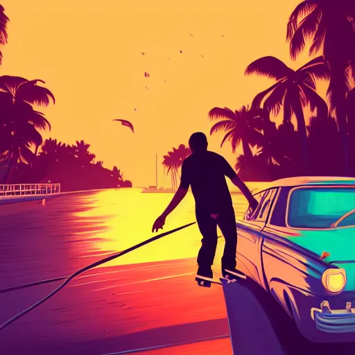 Image similar to skate in ocean. pop punk art, gta liberty city stories style art, no duplicate image, glowing lights, ultra details, digital painting, artstation, concept art, smooth, sharp focus, krita illustration, intricate, art by richard hamilton and mimmo rottela, pixels art by kirokaze and paul robertson - h 7 6 8