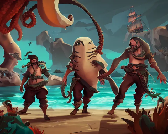 Image similar to sea of thieves concept art for a new large unreleased enemy type kraken anthropomorphic squid men humans, cgsociety, trending on artstation, rare ltd,