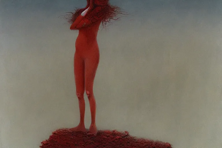 Image similar to a surrealist painting of a lonely woman with pale skin and red hair, standing over pile of bodies in post apocalyptic snowy landscape, painted by zdzisław beksinski