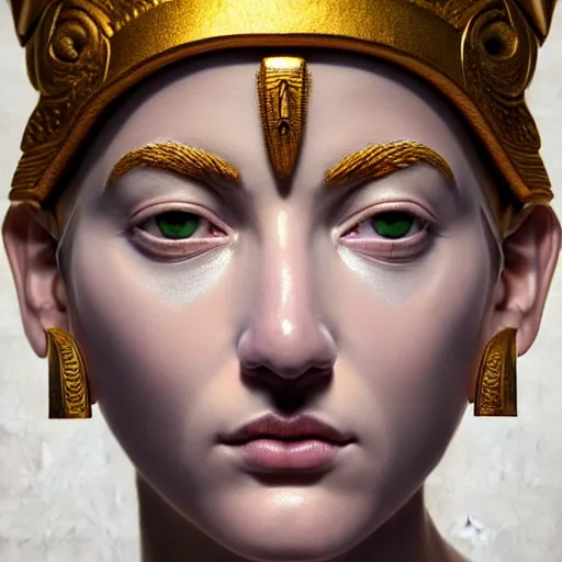 Image similar to hyperrealistic mixed media painting of beautiful goddess Athena, stunning 3d render inspired art by P. Craig Russell and Barry Windsor-Smith, perfect facial symmetry, dim volumetric lighting, full full full full face face face face face 8k octane beautifully detailed render, headpiece headpiece headpiece, post-processing, portrait, extremely hyper-detailed, intricate, epic composition, brown brown brown eyes eyes eyes eyes, realistic realistic realistic eyes, cinematic lighting, masterpiece, trending on artstation, detailed detailed detailed, masterpiece, stunning