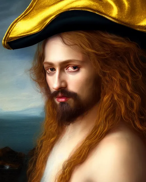 Prompt: realistic portrait of a mysterious pirate made of gold in silky clothes with long golden hair, detailed, 1 4 5 0, delicate, hyper realism, ultra realistic, 8 k