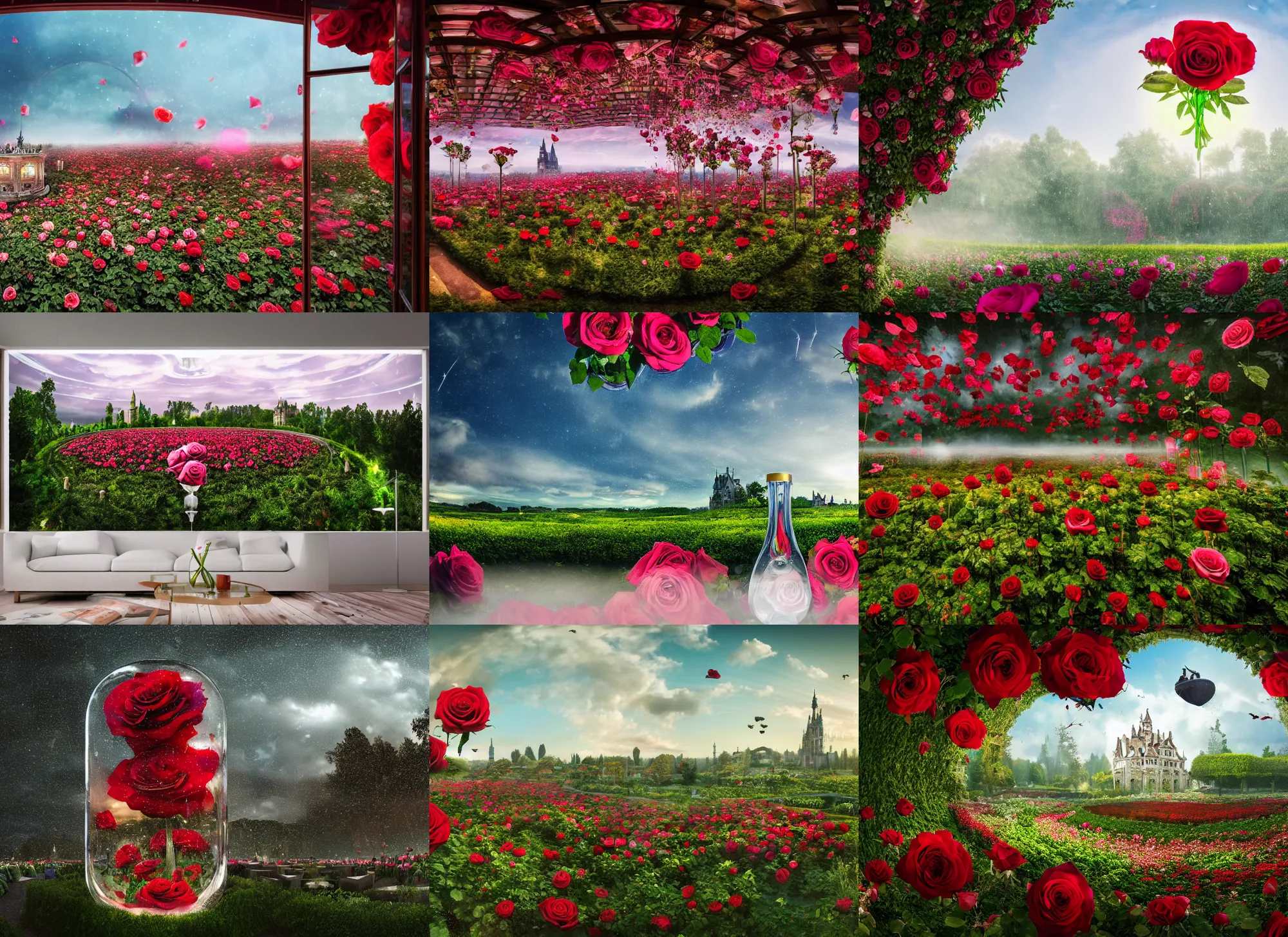 Prompt: a panoramic sky garden rose world in a special - shaped transparent glass bottle, castle, roses, petals are flying, romance, dream, greg lat kosky, night, red rose pavilion, art station trend, bright lights, smoke, wood support, ue 4, hd, lighting, winter, auv
