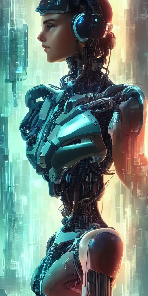 Image similar to beautiful, full-body, young woman, cybernetic, cyberpunk, wires, cables, halo, glow, bladerunner city in the background, detailed gorgeous face, flowing hair, vaporwave aesthetic, synthwave , digital painting, artstation, concept art, smooth, sharp focus, illustration, art by artgerm and greg rutkowski and alphonse mucha