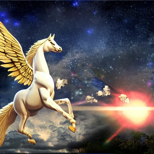 Prompt: Pegasus Ryu Sei Ken, 4k, photorealistic, meteors fast as the speed of light, bright as LEDs, pegasus constellation in the background