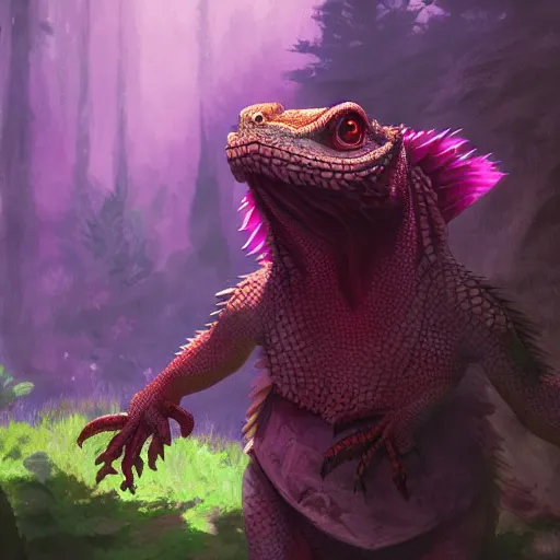 Image similar to concept art painting of an anthropomorphic bearded dragon anthro wearing magenta wizard robes, in the deep forest, realistic, detailed, cel shaded, in the style of makoto shinkai and greg rutkowski and james gurney