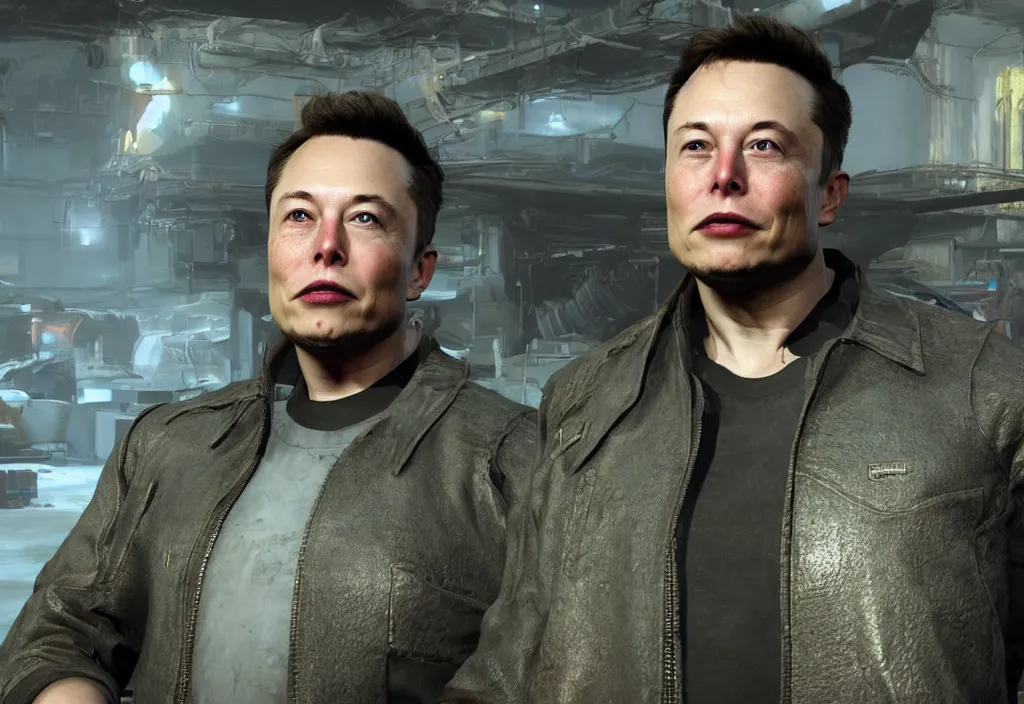 Image similar to elon musk in the video game in fallout 4, apocalyptic wastland, close up, 3 d rendering. unreal engine. amazing likeness. very detailed.