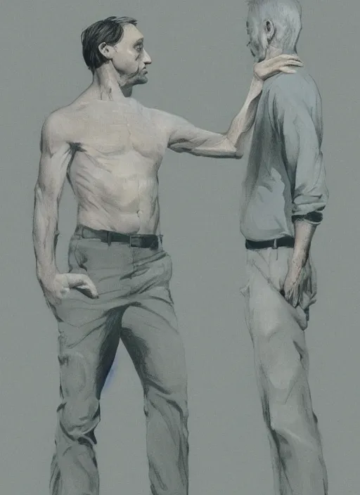 Image similar to portrait of Mads Mikkelsen and Hugh Dancy holding hands romantically as they chaperone school dance by (Zdzislaw Beksinski), Michael Whelan, Bob Larkin and Tomer Hanuka, simple illustration, domestic, nostalgic, clean, Matte painting, trending on artstation and unreal engine, New Yorker magazine cover