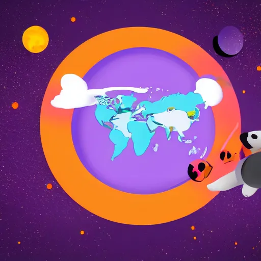 Image similar to cartoon animated illustration of a bear mascot being launched from a futuristic marble planet, purple and orange cloudland