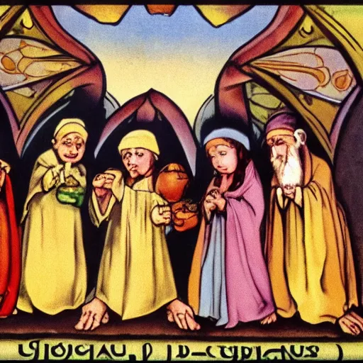 Image similar to seven dwarves in catholic religious garb with halos, background of poison apples, art nouveau