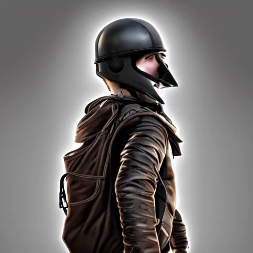 Image similar to futuristic rebel wearing black helmet, brown cloak, technical vest, and a backpack, photorealistic, digital art