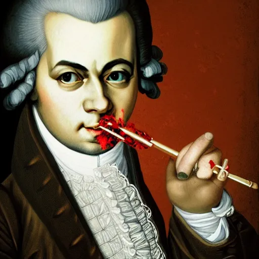 Image similar to Mozart with bloodshot eyes holding a weed joint in his hand, digital art