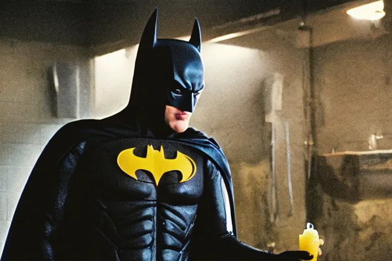 Prompt: michael keaton as batman offering lots of orange juice, dirty disgusting brown bathroom with cracked tiles and mold, atmospheric eerie lighting, dim lighting, bodycam footage, motion blur, blurry photography